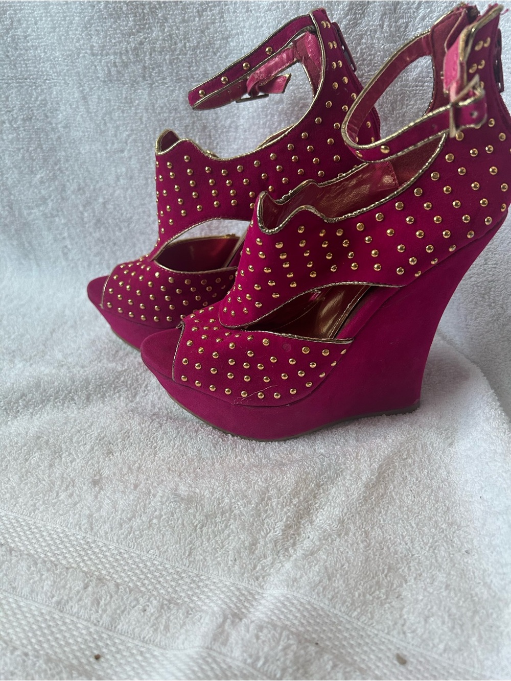 Alba Magenta Studded Wedge Heels with Ankle Strap